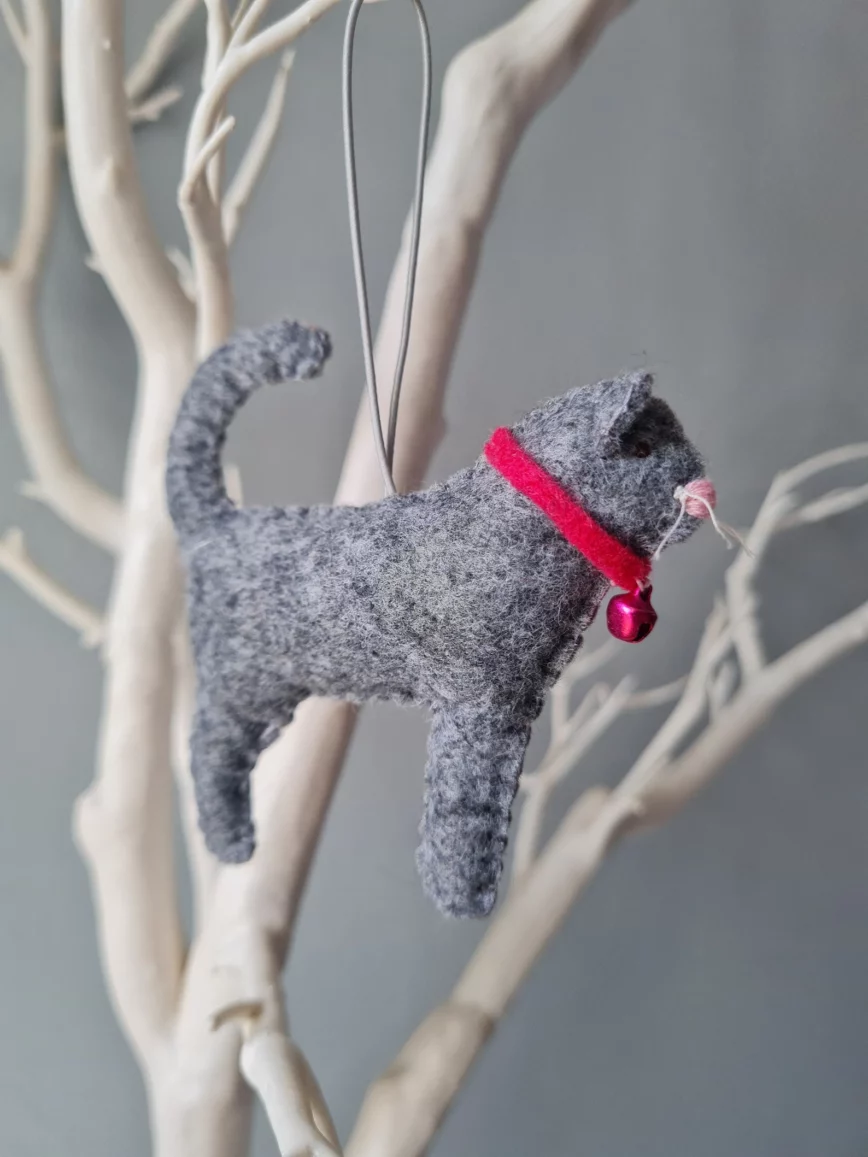 un chat gris avec un collier rouge à suspendre